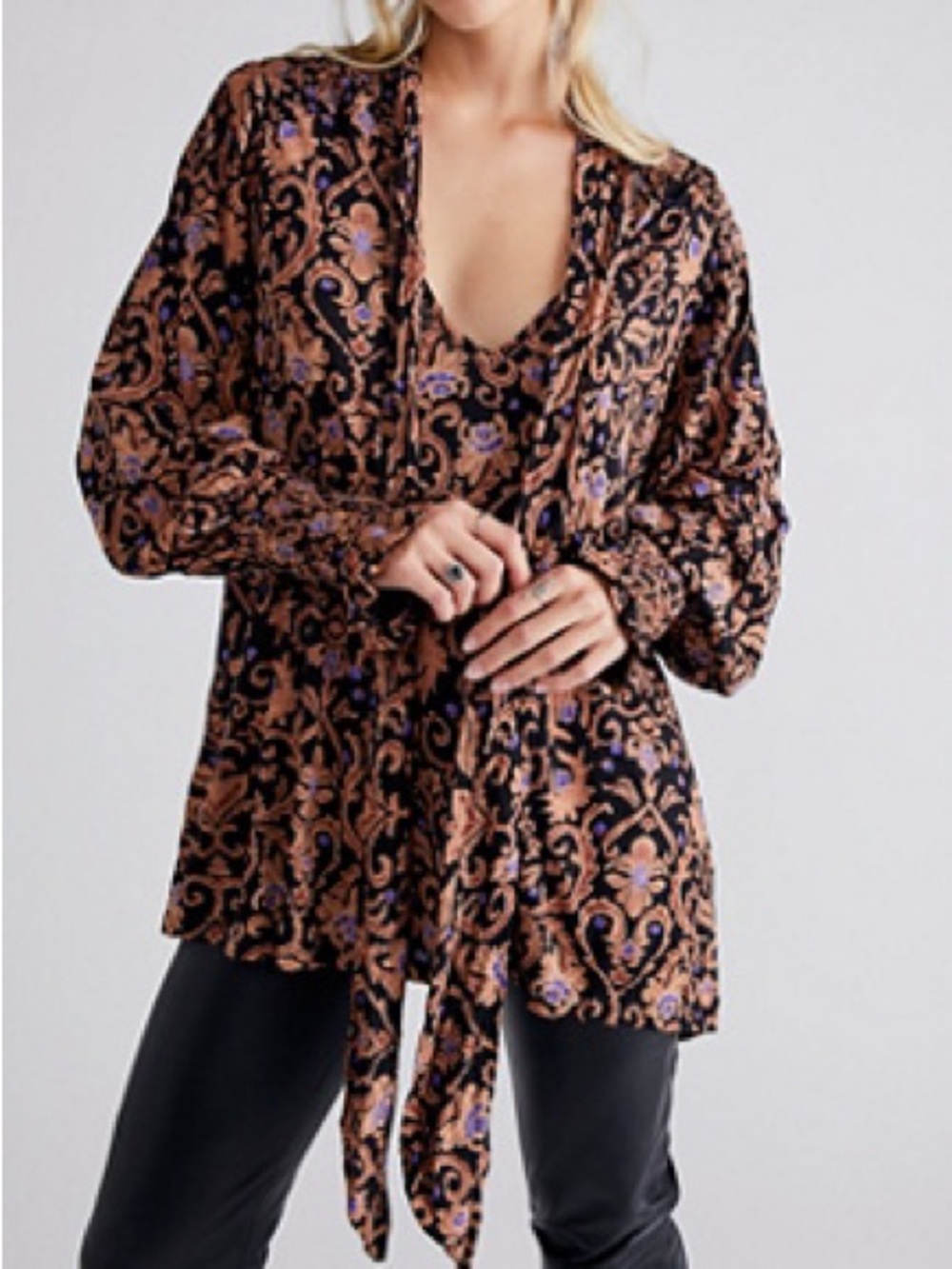 Free People Bridgette Printed Tunic XL Paisley Tie-Front Long Sleeve Blouse